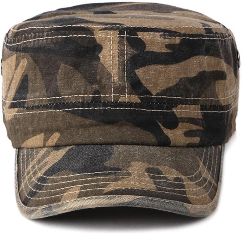 FASHIXD Military Flat Top Cap, Washed Cotton Vintage Adjustable Cadet Army Camo Hat, Outdoor Camping Baseball Cap for Men Women - Image 2